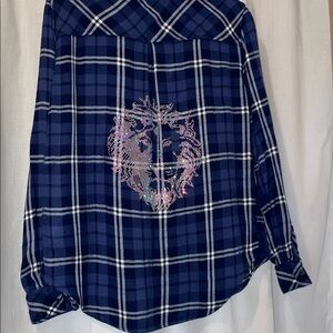 RAILS BLUE/BLACK PLAID LION/LEO BLING UPCYCLE REPURPOSED HANDMADE BUTTON UP SZ S